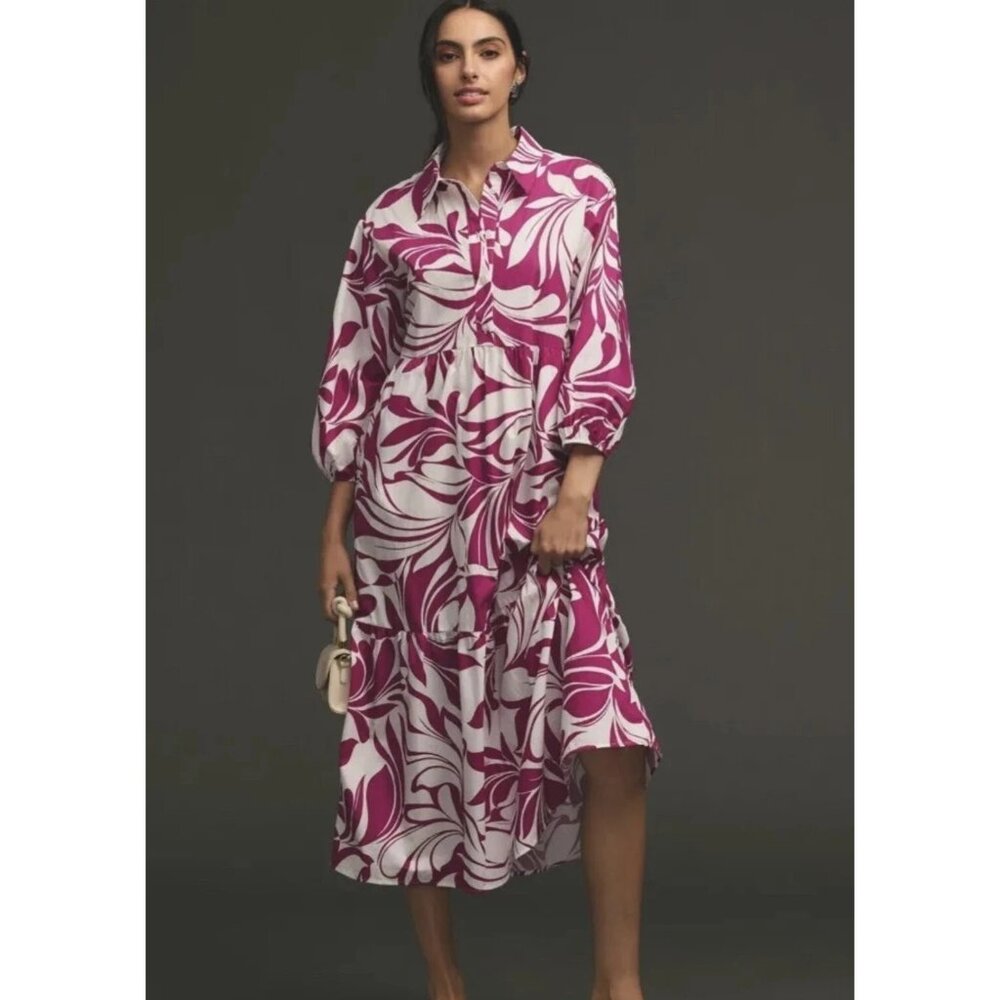 NWT Anthropologie Maeve The Bettina in Violet White Print Cotton Shirt Dress S